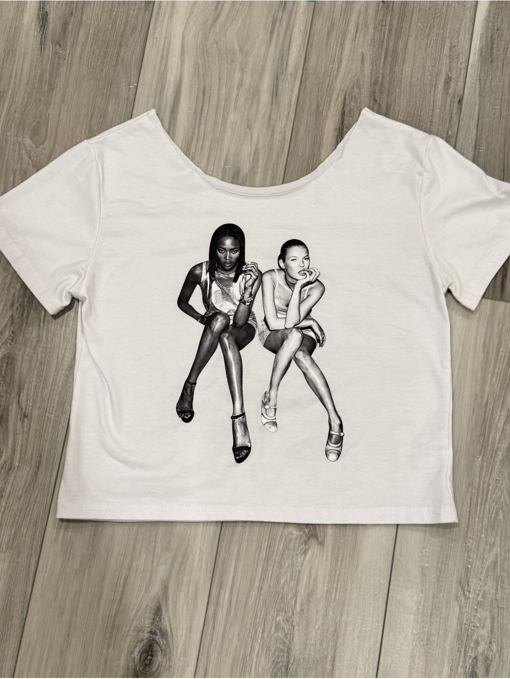 White Short-Sleeve Graphic Crop Tee with Model Illustration